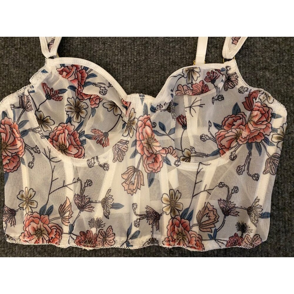 Delicate Floral‎ Bustier Womens Med White Underwire Corset Bra Sexy Romantic